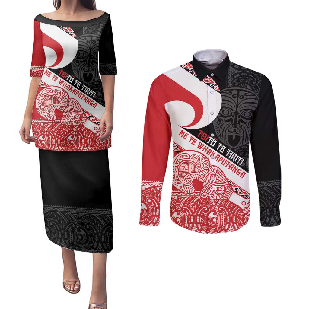 Toitu Te Tiriti Me Te Whakaputanga Couples Matching Puletasi and Long Sleeve Button Shirt Maori Wahaika With Haka Face LT14 Red - Polynesian Pride