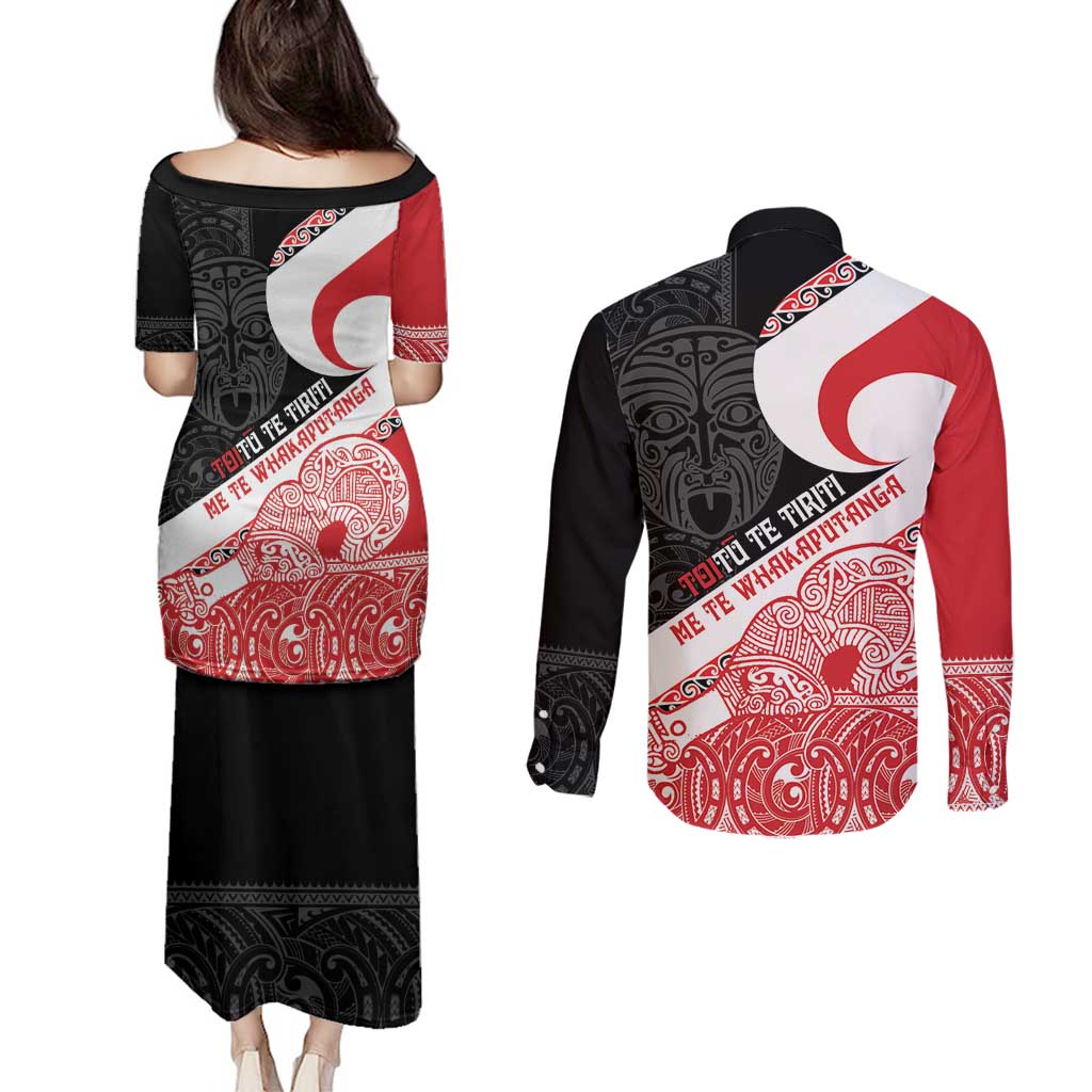Toitu Te Tiriti Me Te Whakaputanga Couples Matching Puletasi and Long Sleeve Button Shirt Maori Wahaika With Haka Face LT14 - Polynesian Pride