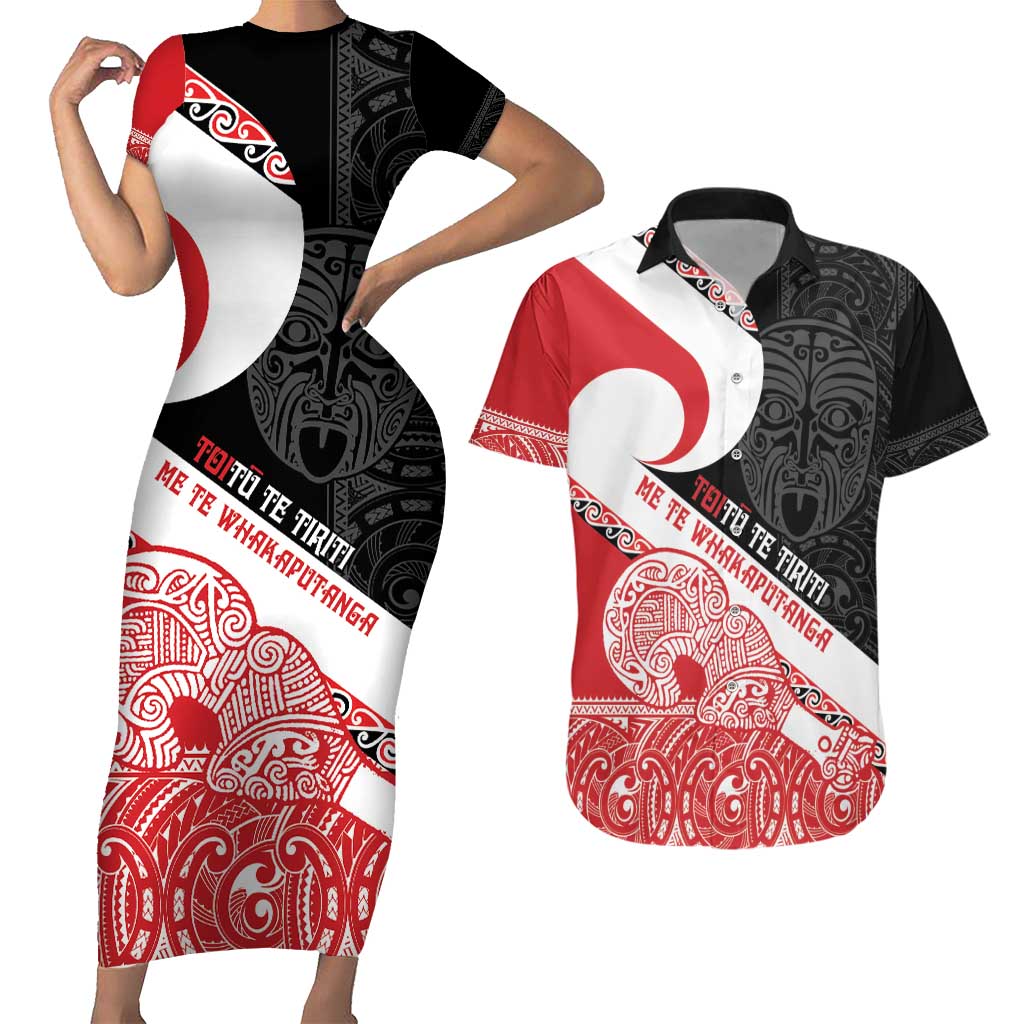 Toitu Te Tiriti Me Te Whakaputanga Couples Matching Short Sleeve Bodycon Dress and Hawaiian Shirt Maori Wahaika With Haka Face LT14 Red - Polynesian Pride