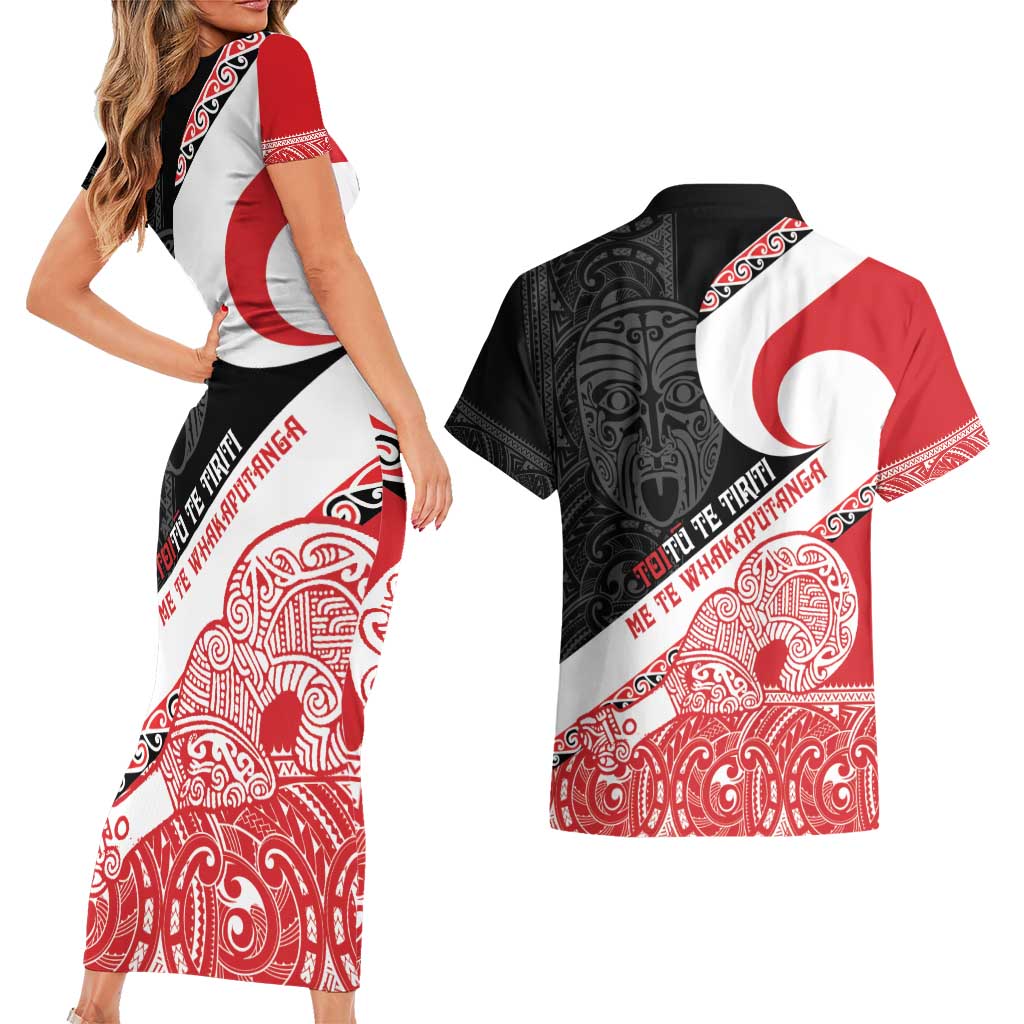 Toitu Te Tiriti Me Te Whakaputanga Couples Matching Short Sleeve Bodycon Dress and Hawaiian Shirt Maori Wahaika With Haka Face LT14 - Polynesian Pride