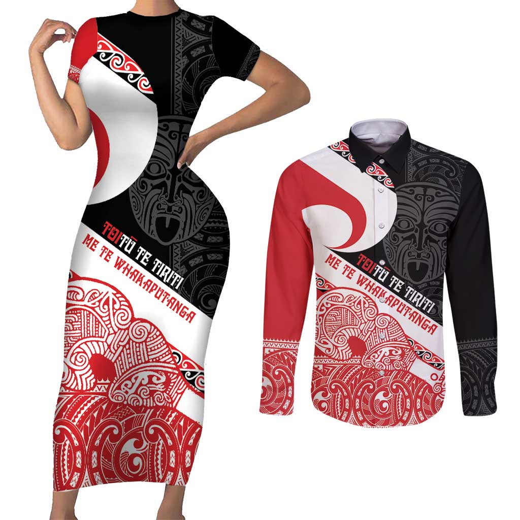 Toitu Te Tiriti Me Te Whakaputanga Couples Matching Short Sleeve Bodycon Dress and Long Sleeve Button Shirt Maori Wahaika With Haka Face LT14 Red - Polynesian Pride