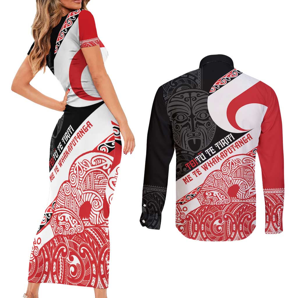Toitu Te Tiriti Me Te Whakaputanga Couples Matching Short Sleeve Bodycon Dress and Long Sleeve Button Shirt Maori Wahaika With Haka Face LT14 - Polynesian Pride
