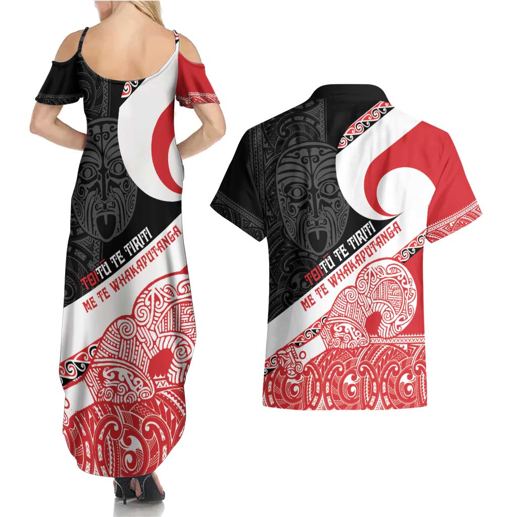 Toitu Te Tiriti Me Te Whakaputanga Couples Matching Summer Maxi Dress and Hawaiian Shirt Maori Wahaika With Haka Face LT14 - Polynesian Pride