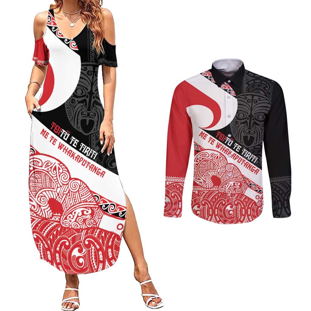 Toitu Te Tiriti Me Te Whakaputanga Couples Matching Summer Maxi Dress and Long Sleeve Button Shirt Maori Wahaika With Haka Face LT14 Red - Polynesian Pride
