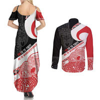 Toitu Te Tiriti Me Te Whakaputanga Couples Matching Summer Maxi Dress and Long Sleeve Button Shirt Maori Wahaika With Haka Face LT14 - Polynesian Pride