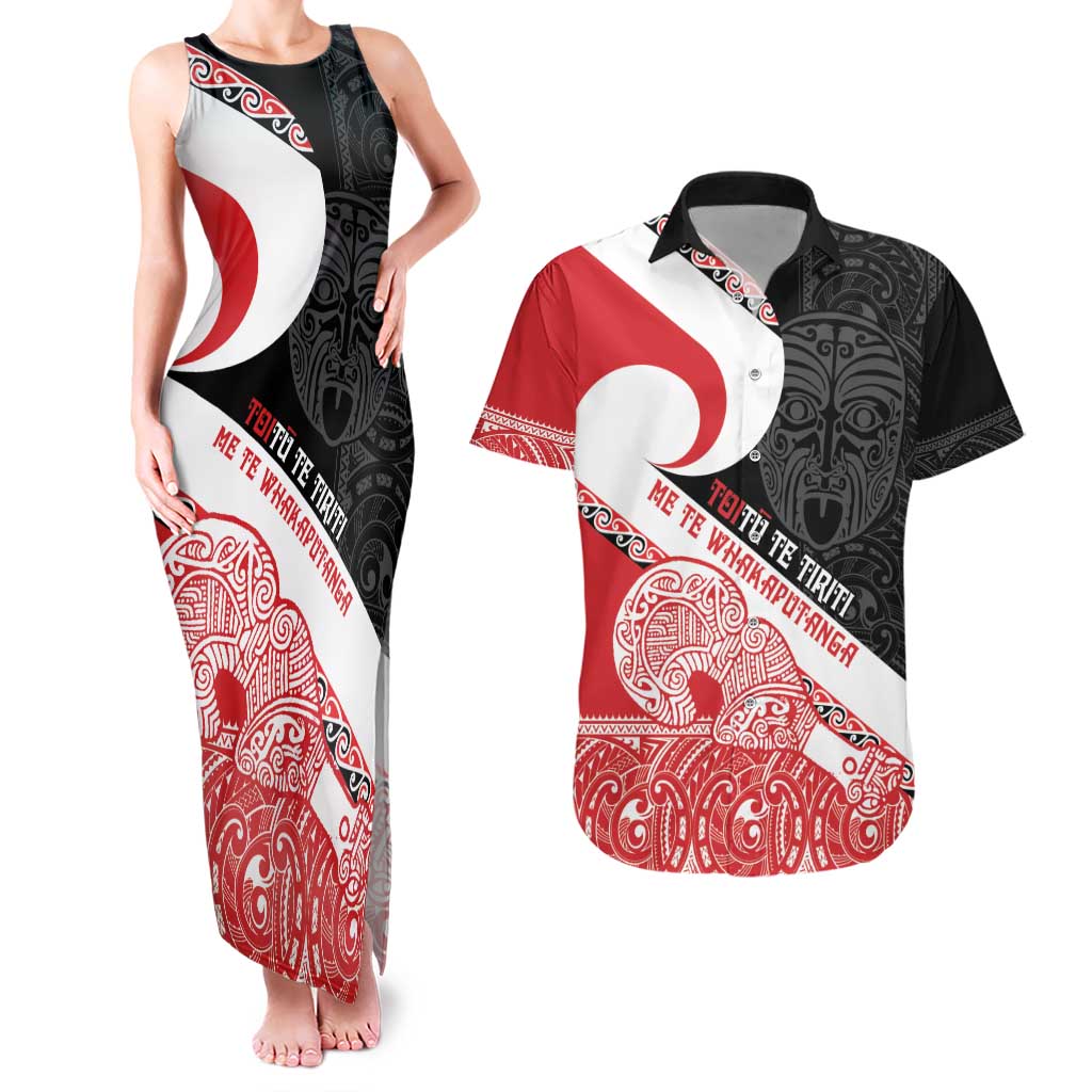 Toitu Te Tiriti Me Te Whakaputanga Couples Matching Tank Maxi Dress and Hawaiian Shirt Maori Wahaika With Haka Face LT14 Red - Polynesian Pride