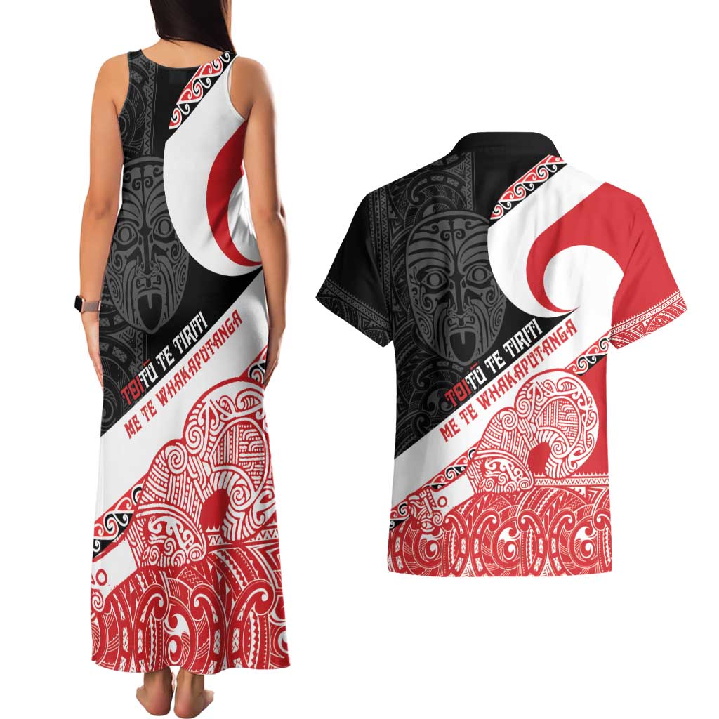 Toitu Te Tiriti Me Te Whakaputanga Couples Matching Tank Maxi Dress and Hawaiian Shirt Maori Wahaika With Haka Face LT14 - Polynesian Pride