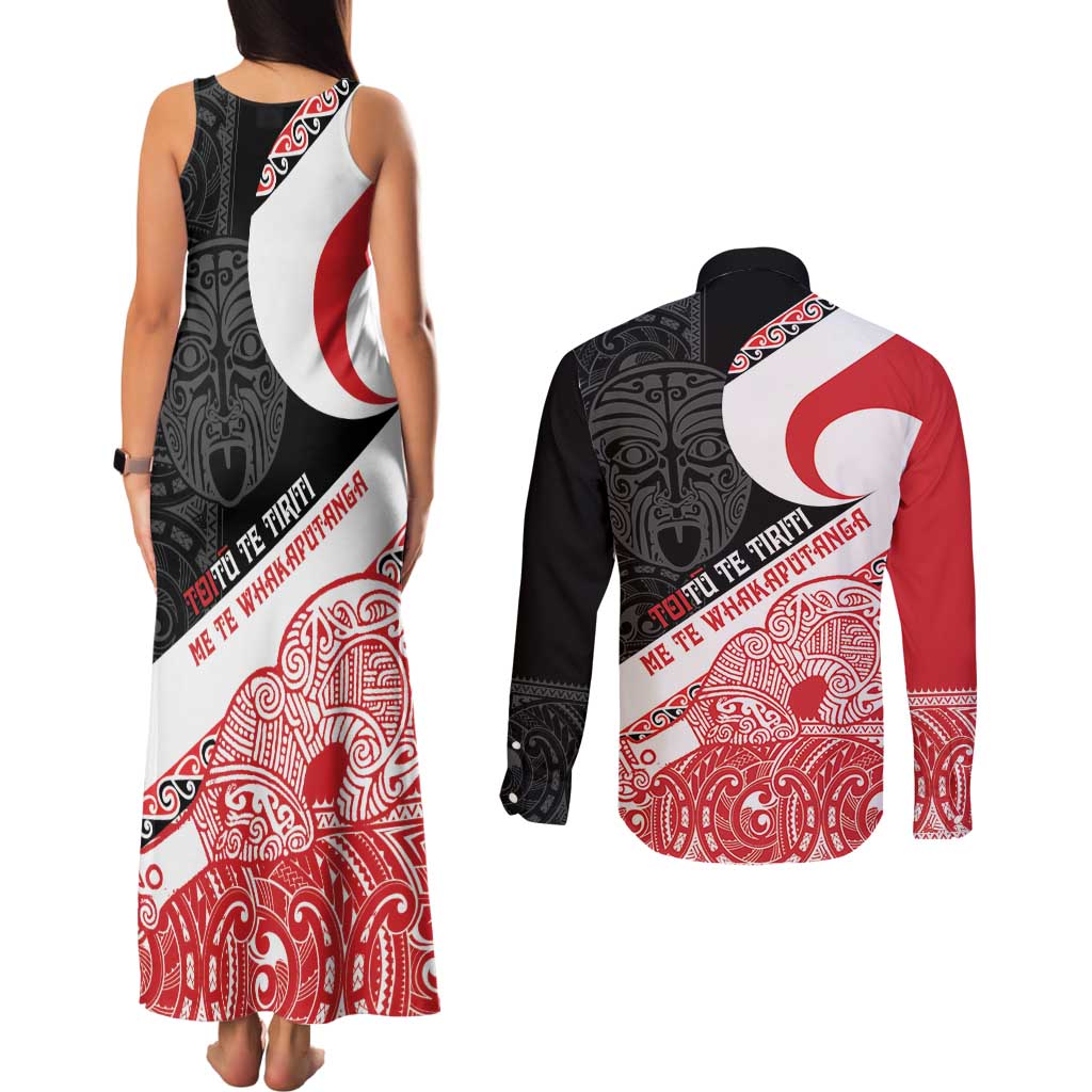 Toitu Te Tiriti Me Te Whakaputanga Couples Matching Tank Maxi Dress and Long Sleeve Button Shirt Maori Wahaika With Haka Face LT14 - Polynesian Pride