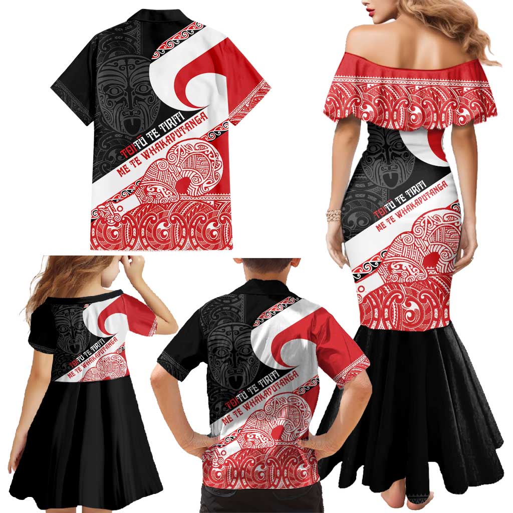 Toitu Te Tiriti Me Te Whakaputanga Family Matching Mermaid Dress and Hawaiian Shirt Maori Wahaika With Haka Face LT14 - Polynesian Pride