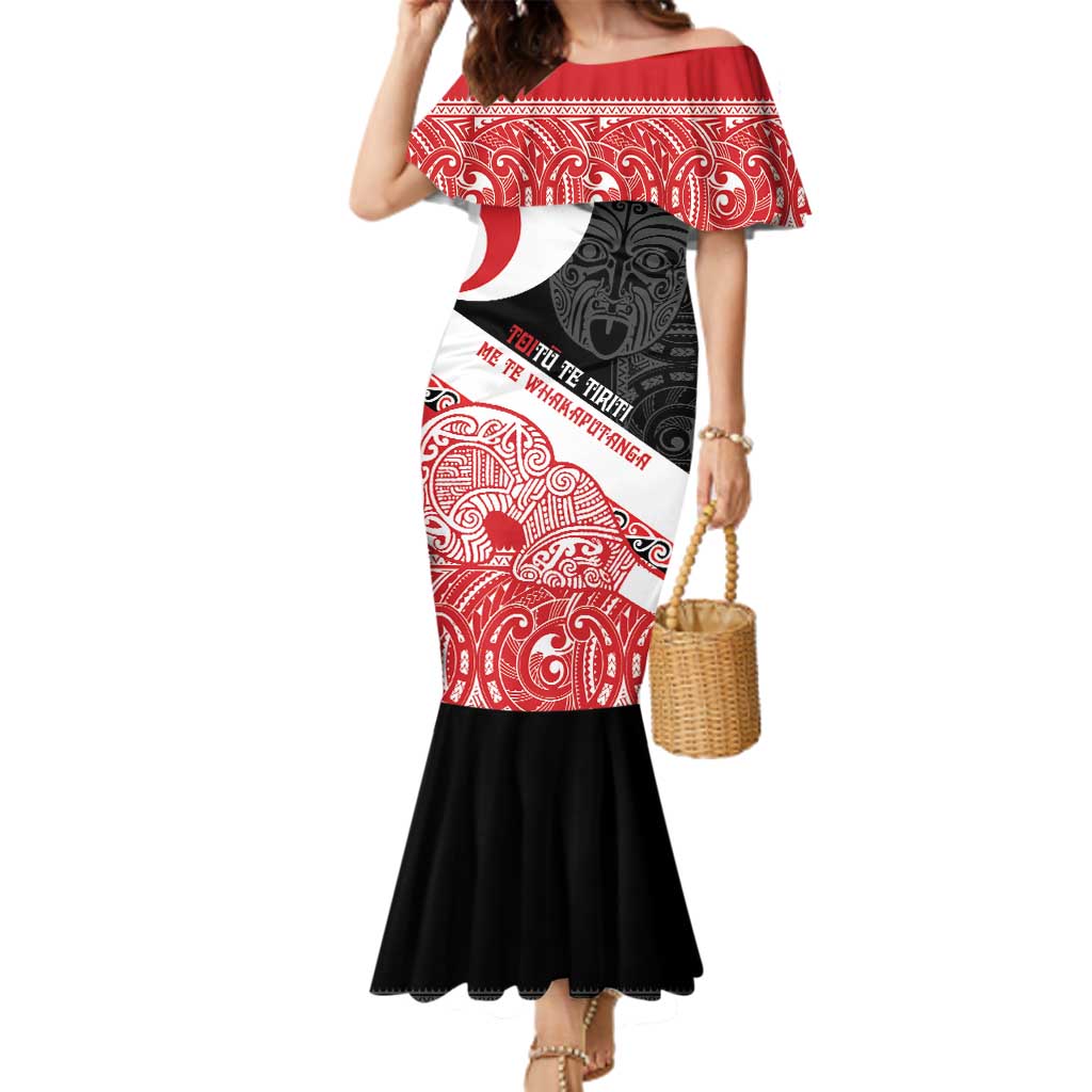 Toitu Te Tiriti Me Te Whakaputanga Family Matching Mermaid Dress and Hawaiian Shirt Maori Wahaika With Haka Face LT14 Mom's Dress Red - Polynesian Pride