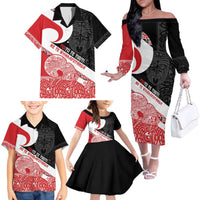 Toitu Te Tiriti Me Te Whakaputanga Family Matching Off The Shoulder Long Sleeve Dress and Hawaiian Shirt Maori Wahaika With Haka Face LT14 - Polynesian Pride