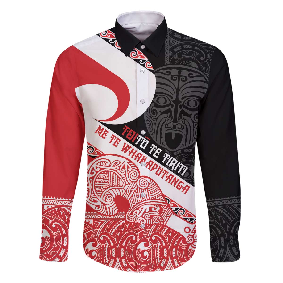 Toitu Te Tiriti Me Te Whakaputanga Family Matching Off The Shoulder Long Sleeve Dress and Hawaiian Shirt Maori Wahaika With Haka Face LT14 Dad's Shirt - Long Sleeve Red - Polynesian Pride