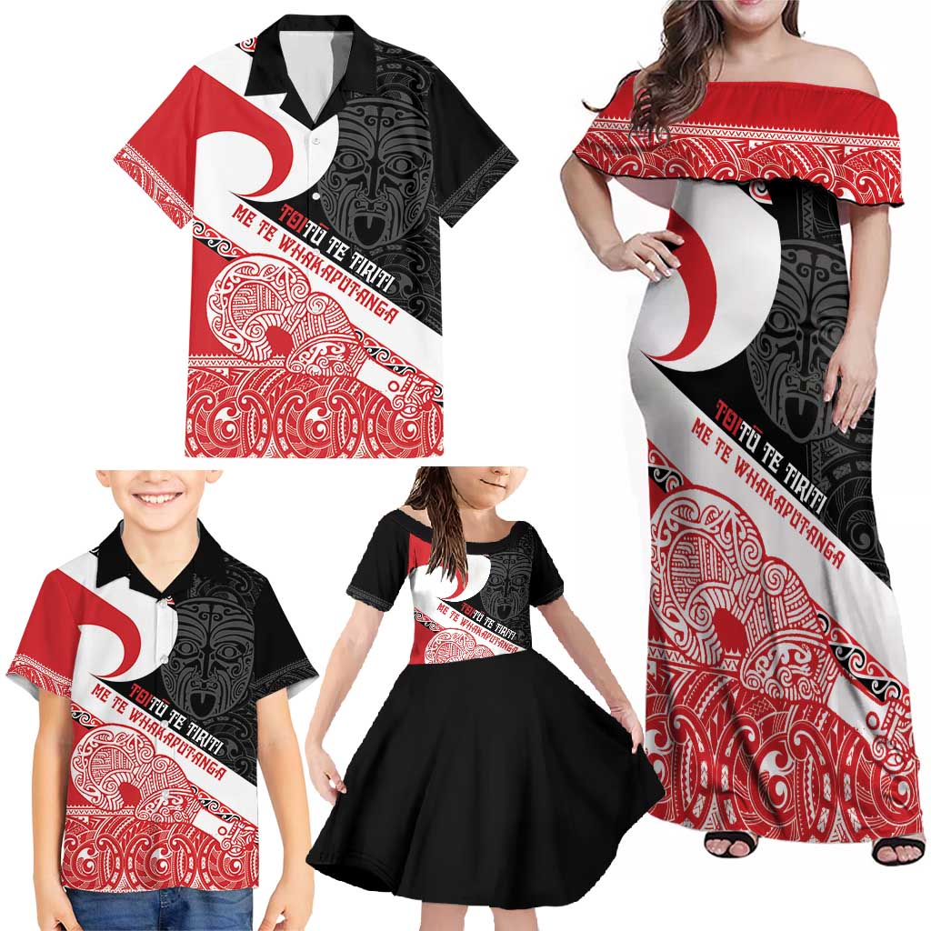 Toitu Te Tiriti Me Te Whakaputanga Family Matching Off Shoulder Maxi Dress and Hawaiian Shirt Maori Wahaika With Haka Face LT14 - Polynesian Pride
