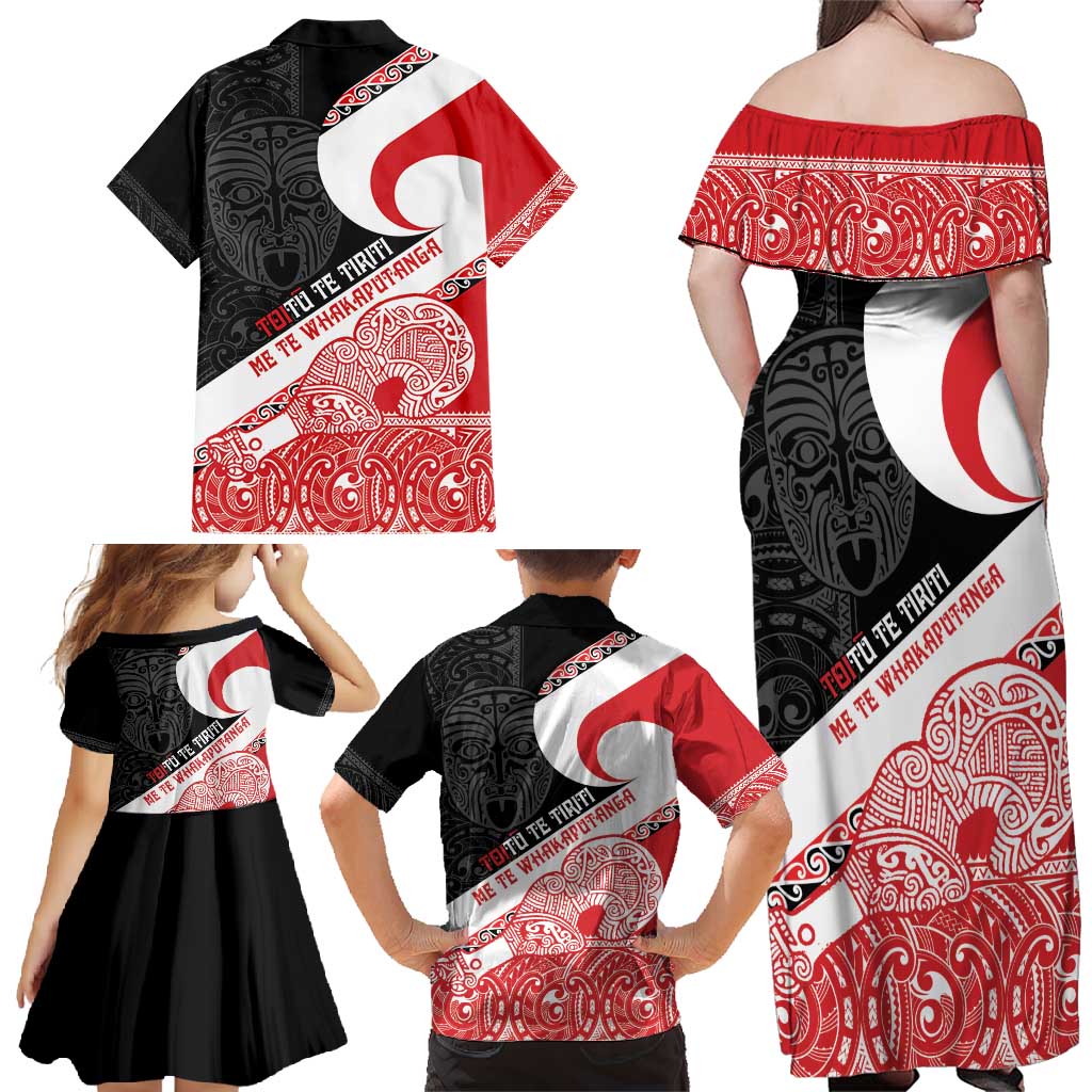 Toitu Te Tiriti Me Te Whakaputanga Family Matching Off Shoulder Maxi Dress and Hawaiian Shirt Maori Wahaika With Haka Face LT14 - Polynesian Pride