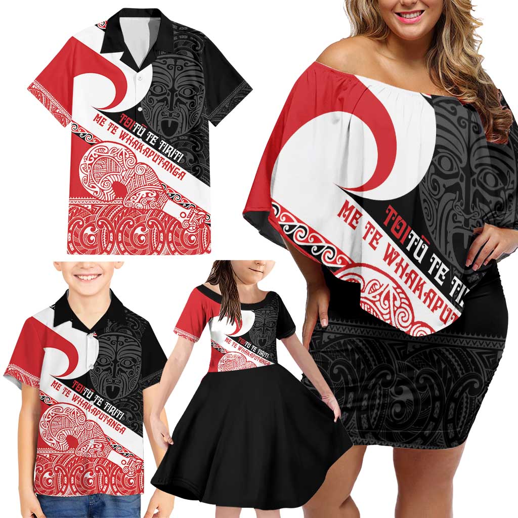 Toitu Te Tiriti Me Te Whakaputanga Family Matching Off Shoulder Short Dress and Hawaiian Shirt Maori Wahaika With Haka Face LT14 - Polynesian Pride