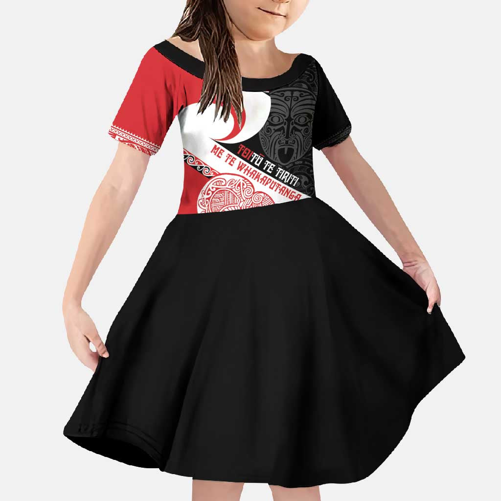 Toitu Te Tiriti Me Te Whakaputanga Family Matching Short Sleeve Bodycon Dress and Hawaiian Shirt Maori Wahaika With Haka Face LT14 Daughter's Dress Red - Polynesian Pride