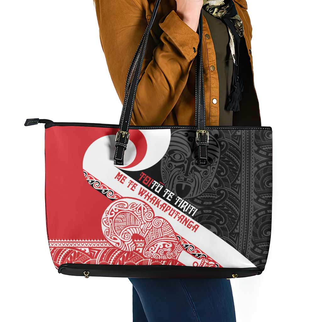 Toitu Te Tiriti Me Te Whakaputanga Leather Tote Bag Maori Wahaika With Haka Face LT14 - Polynesian Pride