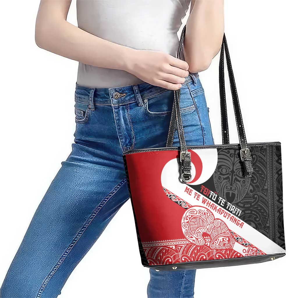 Toitu Te Tiriti Me Te Whakaputanga Leather Tote Bag Maori Wahaika With Haka Face LT14 - Polynesian Pride