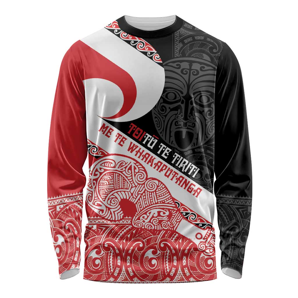 Toitu Te Tiriti Me Te Whakaputanga Long Sleeve Shirt Maori Wahaika With Haka Face LT14 Unisex Red - Polynesian Pride