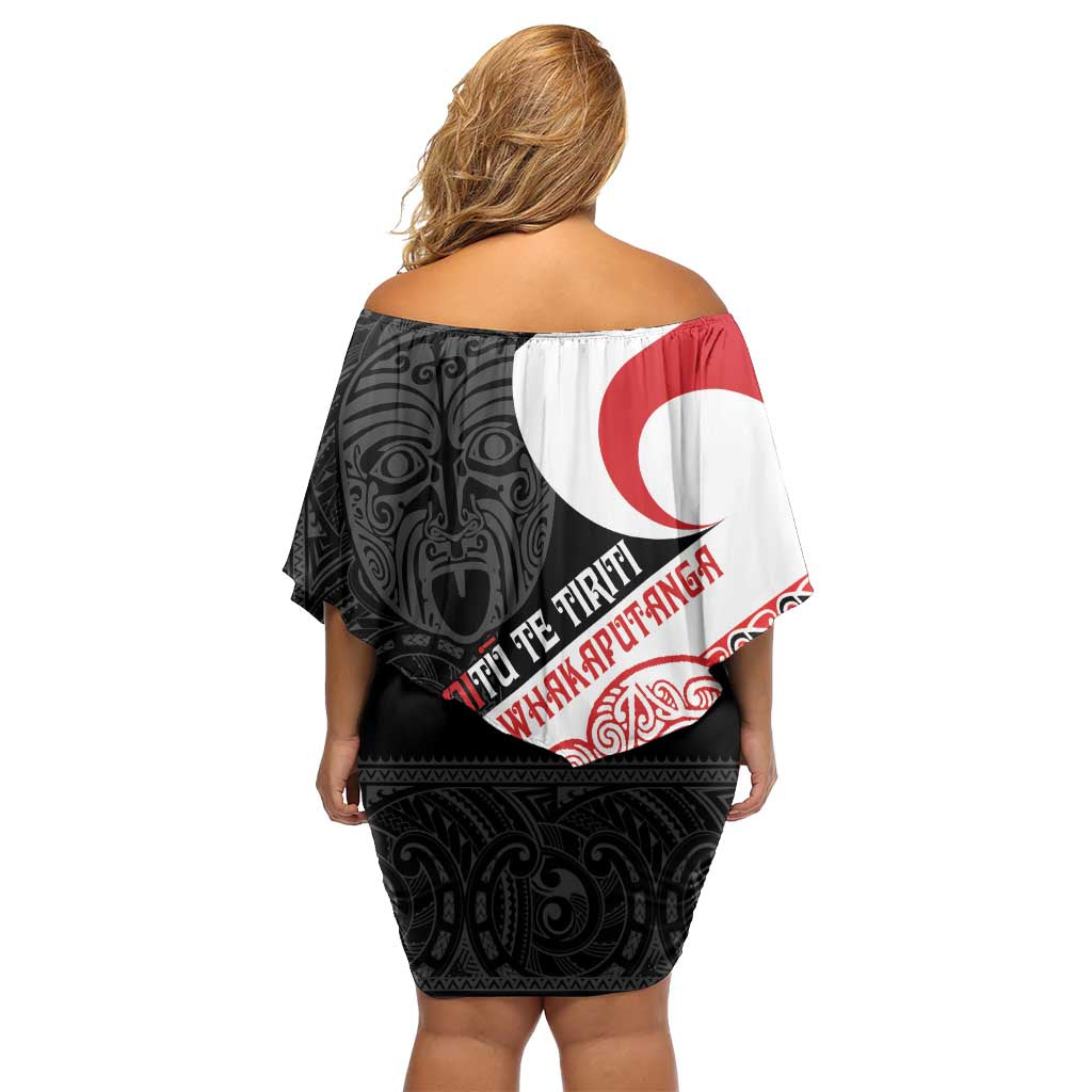 Toitu Te Tiriti Me Te Whakaputanga Off Shoulder Short Dress Maori Wahaika With Haka Face LT14 - Polynesian Pride