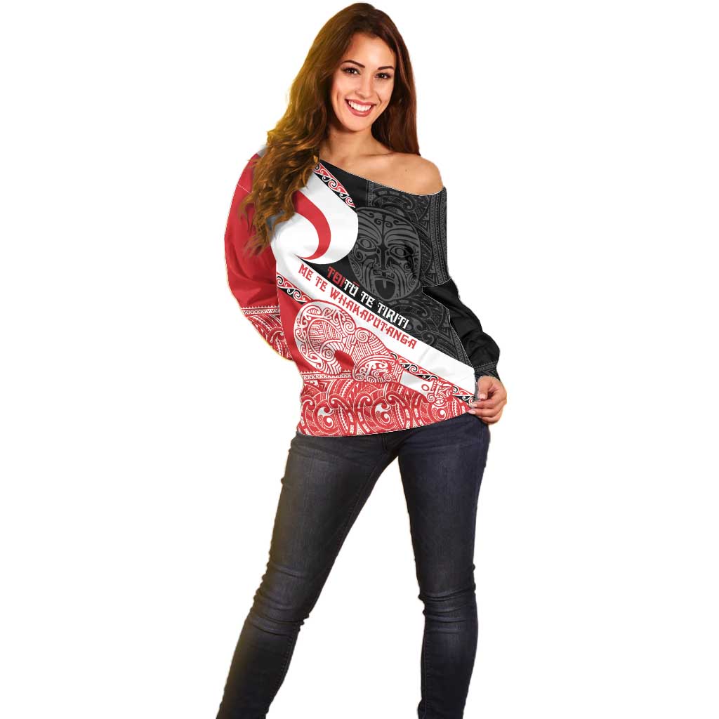 Toitu Te Tiriti Me Te Whakaputanga Off Shoulder Sweater Maori Wahaika With Haka Face LT14 - Polynesian Pride