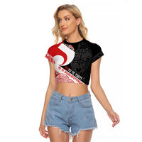 Toitu Te Tiriti Me Te Whakaputanga Raglan Cropped T Shirt Maori Wahaika With Haka Face LT14 Female Red - Polynesian Pride