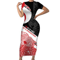 Toitu Te Tiriti Me Te Whakaputanga Short Sleeve Bodycon Dress Maori Wahaika With Haka Face LT14 Long Dress Red - Polynesian Pride