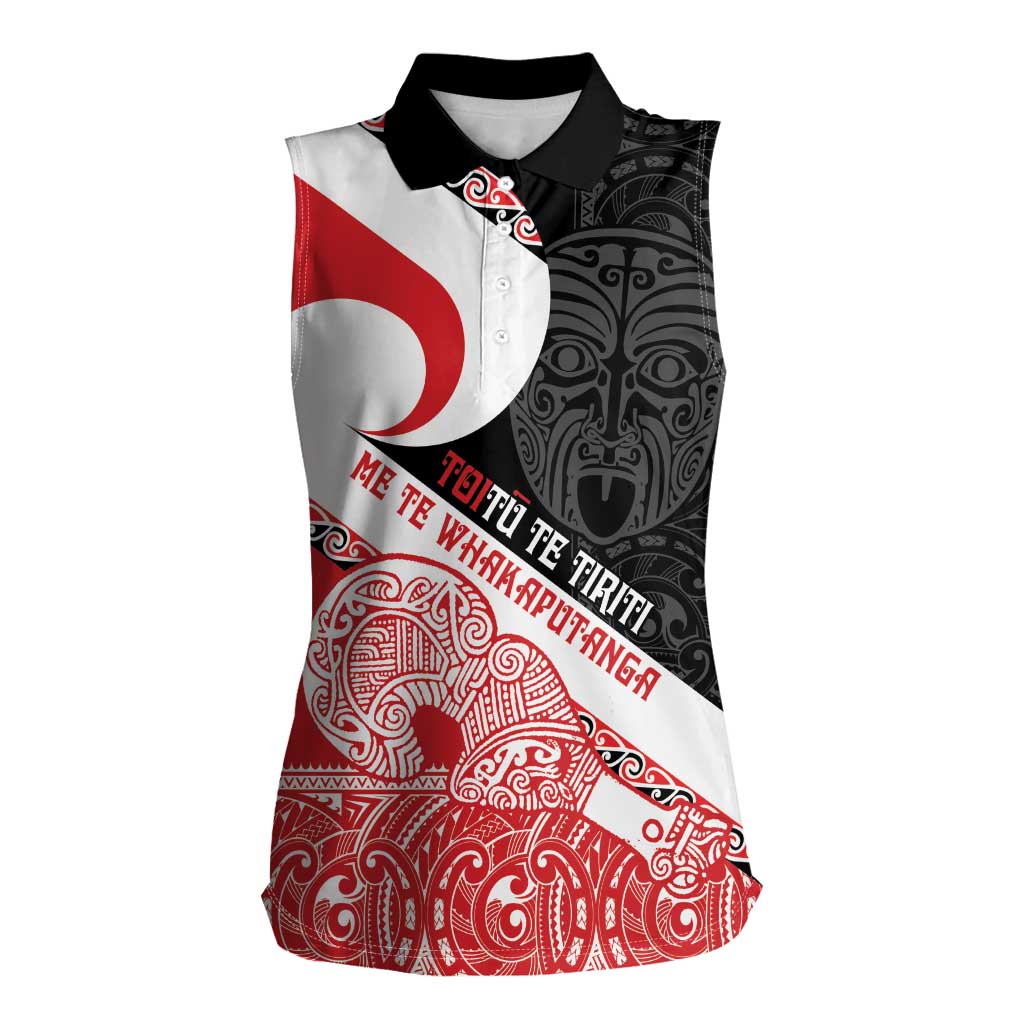 Toitu Te Tiriti Me Te Whakaputanga Women Sleeveless Polo Shirt Maori Wahaika With Haka Face LT14 Female Red - Polynesian Pride