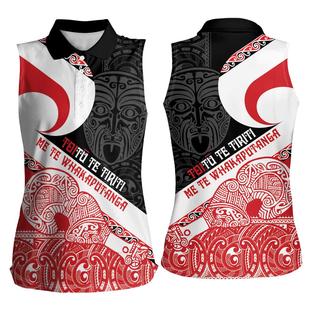 Toitu Te Tiriti Me Te Whakaputanga Women Sleeveless Polo Shirt Maori Wahaika With Haka Face LT14 - Polynesian Pride