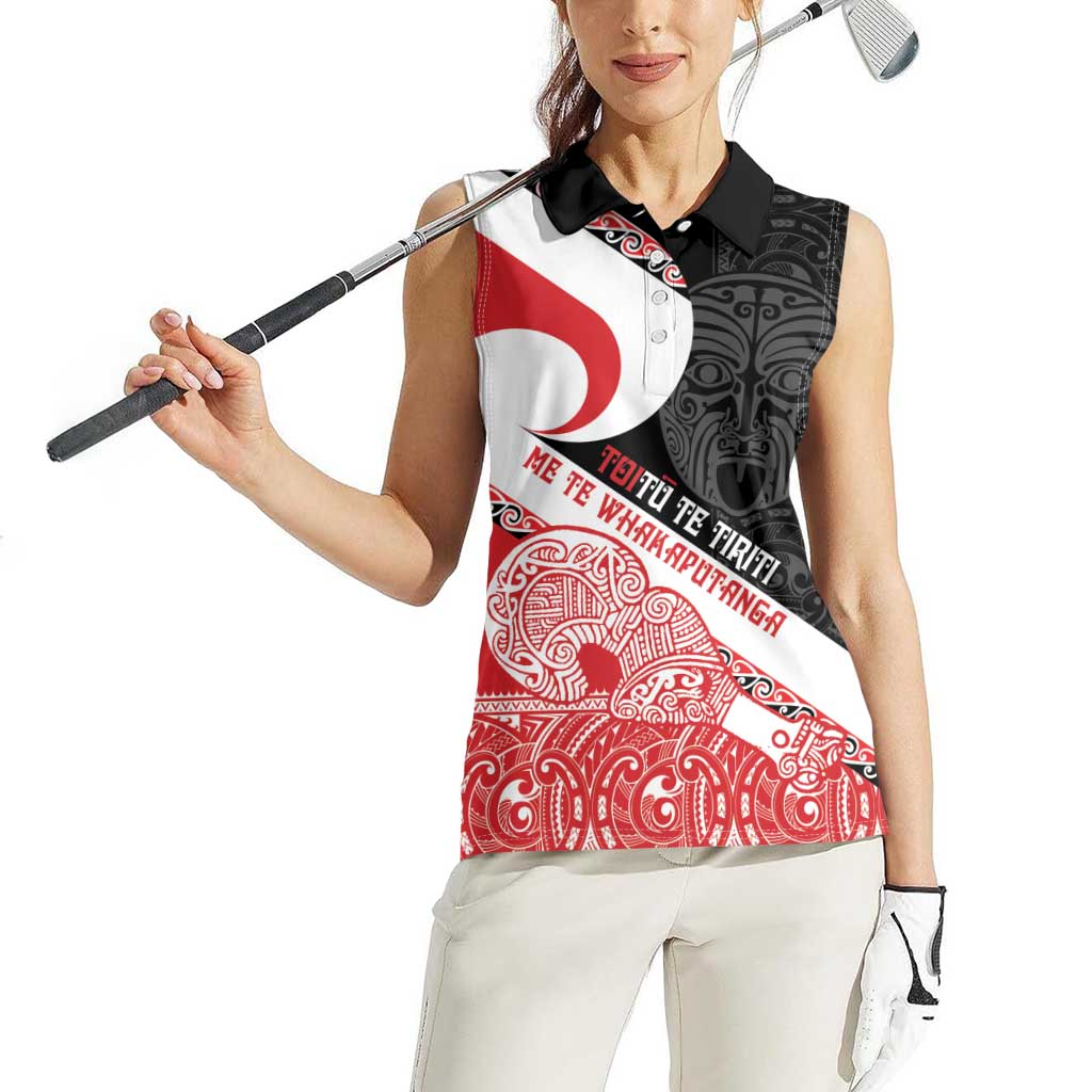 Toitu Te Tiriti Me Te Whakaputanga Women Sleeveless Polo Shirt Maori Wahaika With Haka Face LT14 - Polynesian Pride