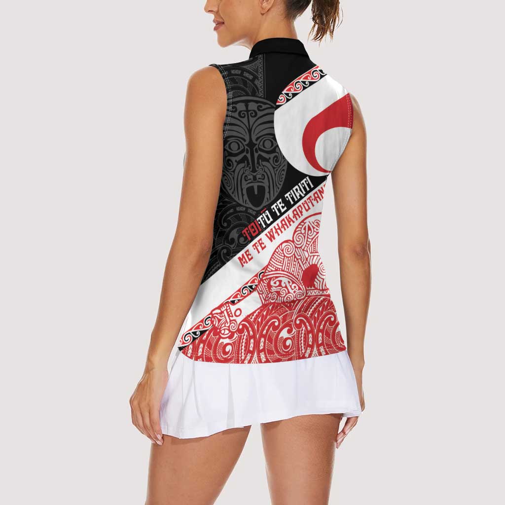 Toitu Te Tiriti Me Te Whakaputanga Women Sleeveless Polo Shirt Maori Wahaika With Haka Face LT14 - Polynesian Pride