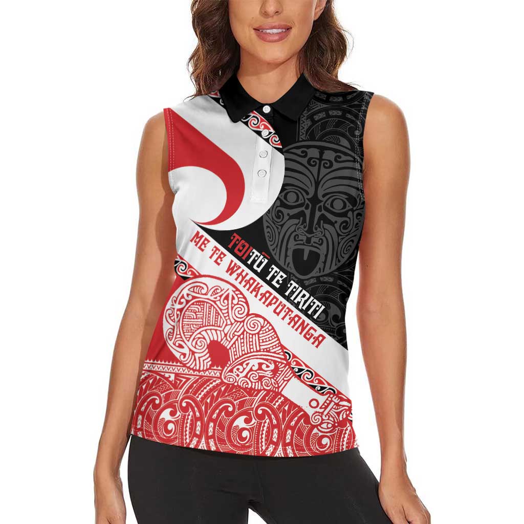 Toitu Te Tiriti Me Te Whakaputanga Women Sleeveless Polo Shirt Maori Wahaika With Haka Face LT14 - Polynesian Pride