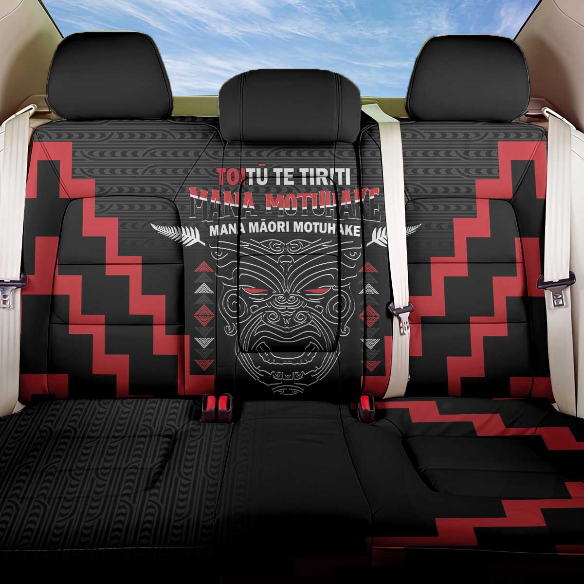 Personalised Toitu Te Tiriti Mana Maori Motuhake Back Car Seat Cover Aotearoa Haka Face Mix Poutama Art LT14 One Size Black - Polynesian Pride