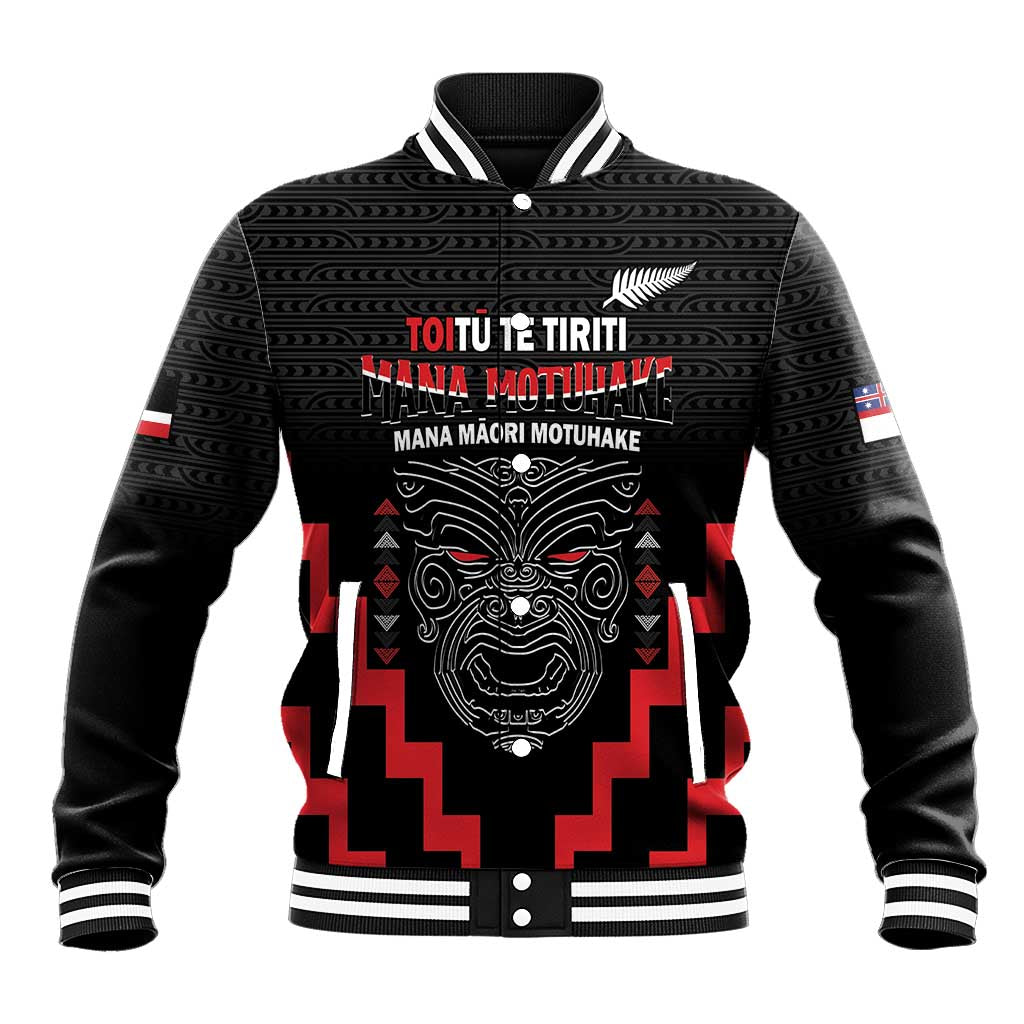 Personalised Toitu Te Tiriti Mana Maori Motuhake Baseball Jacket Aotearoa Haka Face Mix Poutama Art LT14 Unisex Black - Polynesian Pride