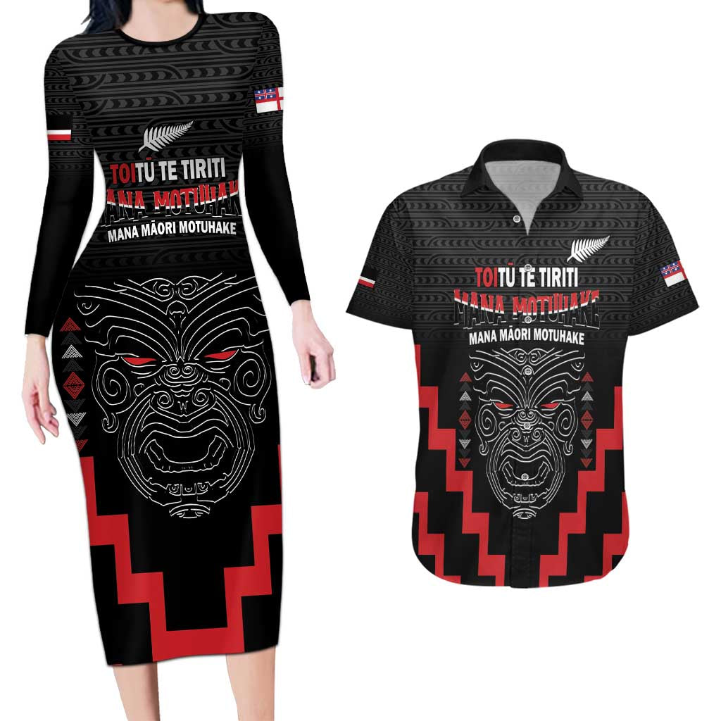 Personalised Toitu Te Tiriti Mana Maori Motuhake Couples Matching Long Sleeve Bodycon Dress and Hawaiian Shirt Aotearoa Haka Face Mix Poutama Art LT14 Black - Polynesian Pride