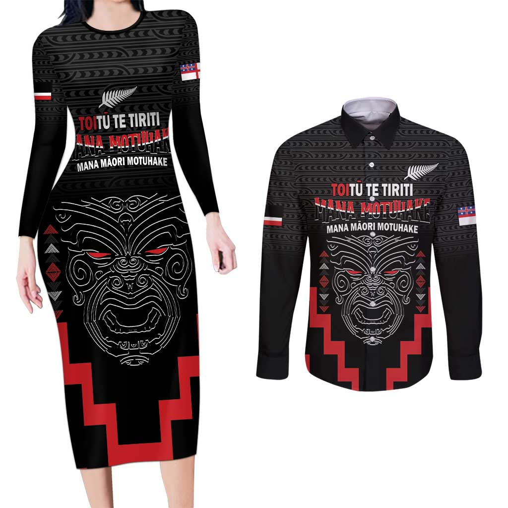 Personalised Toitu Te Tiriti Mana Maori Motuhake Couples Matching Long Sleeve Bodycon Dress and Long Sleeve Button Shirt Aotearoa Haka Face Mix Poutama Art LT14 Black - Polynesian Pride