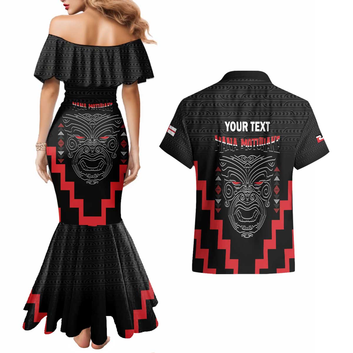 Personalised Toitu Te Tiriti Mana Maori Motuhake Couples Matching Mermaid Dress and Hawaiian Shirt Aotearoa Haka Face Mix Poutama Art LT14 - Polynesian Pride