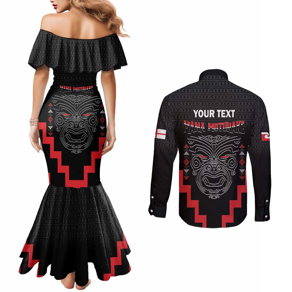 Personalised Toitu Te Tiriti Mana Maori Motuhake Couples Matching Mermaid Dress and Long Sleeve Button Shirt Aotearoa Haka Face Mix Poutama Art LT14 - Polynesian Pride