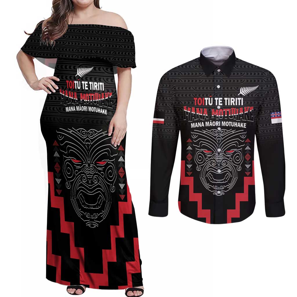 Personalised Toitu Te Tiriti Mana Maori Motuhake Couples Matching Off Shoulder Maxi Dress and Long Sleeve Button Shirt Aotearoa Haka Face Mix Poutama Art LT14 Black - Polynesian Pride