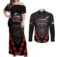 Personalised Toitu Te Tiriti Mana Maori Motuhake Couples Matching Off Shoulder Maxi Dress and Long Sleeve Button Shirt Aotearoa Haka Face Mix Poutama Art LT14 Black - Polynesian Pride