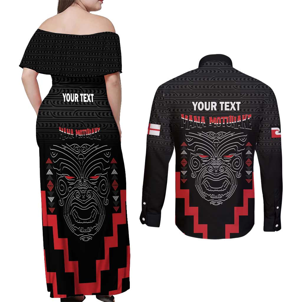 Personalised Toitu Te Tiriti Mana Maori Motuhake Couples Matching Off Shoulder Maxi Dress and Long Sleeve Button Shirt Aotearoa Haka Face Mix Poutama Art LT14 - Polynesian Pride