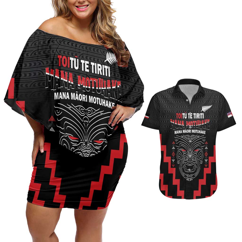 Personalised Toitu Te Tiriti Mana Maori Motuhake Couples Matching Off Shoulder Short Dress and Hawaiian Shirt Aotearoa Haka Face Mix Poutama Art LT14 Black - Polynesian Pride