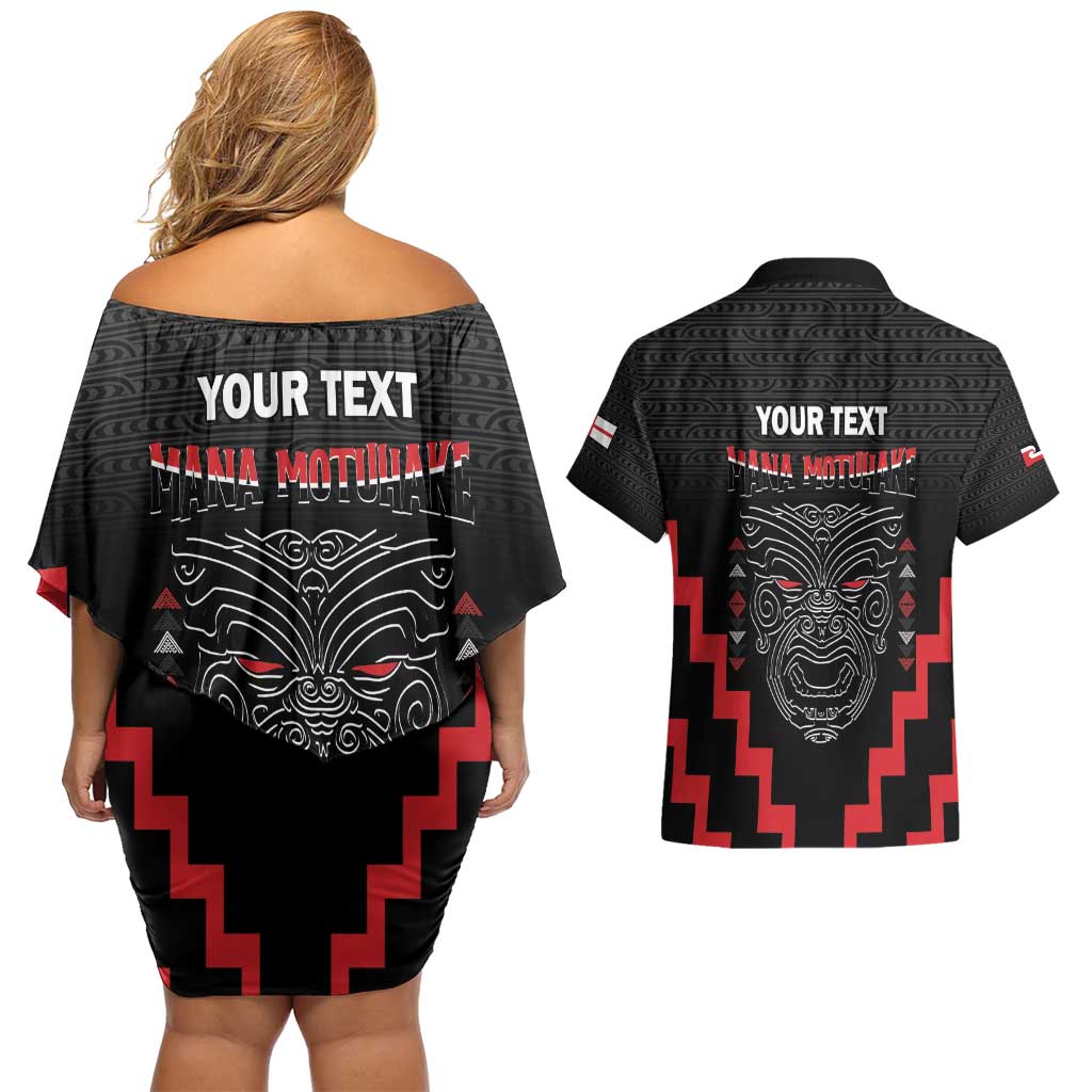 Personalised Toitu Te Tiriti Mana Maori Motuhake Couples Matching Off Shoulder Short Dress and Hawaiian Shirt Aotearoa Haka Face Mix Poutama Art LT14 - Polynesian Pride
