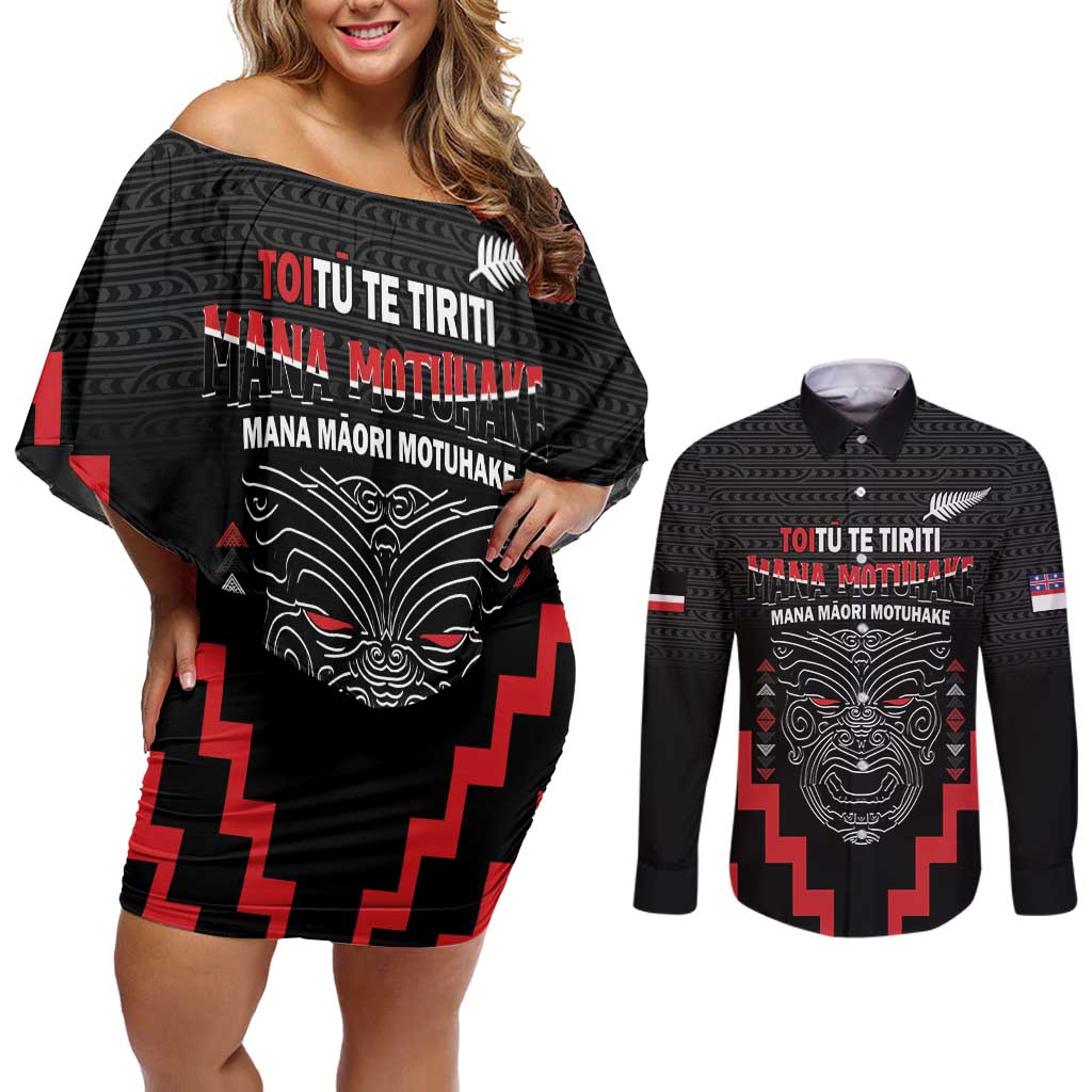 Personalised Toitu Te Tiriti Mana Maori Motuhake Couples Matching Off Shoulder Short Dress and Long Sleeve Button Shirt Aotearoa Haka Face Mix Poutama Art LT14 Black - Polynesian Pride