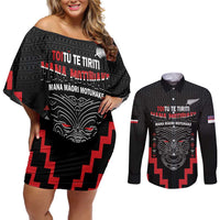 Personalised Toitu Te Tiriti Mana Maori Motuhake Couples Matching Off Shoulder Short Dress and Long Sleeve Button Shirt Aotearoa Haka Face Mix Poutama Art LT14 Black - Polynesian Pride