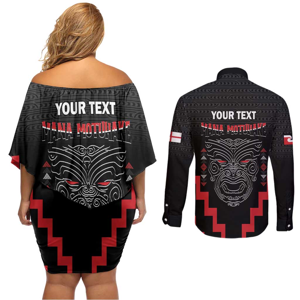 Personalised Toitu Te Tiriti Mana Maori Motuhake Couples Matching Off Shoulder Short Dress and Long Sleeve Button Shirt Aotearoa Haka Face Mix Poutama Art LT14 - Polynesian Pride
