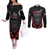 Personalised Toitu Te Tiriti Mana Maori Motuhake Couples Matching Off The Shoulder Long Sleeve Dress and Long Sleeve Button Shirt Aotearoa Haka Face Mix Poutama Art LT14 Black - Polynesian Pride