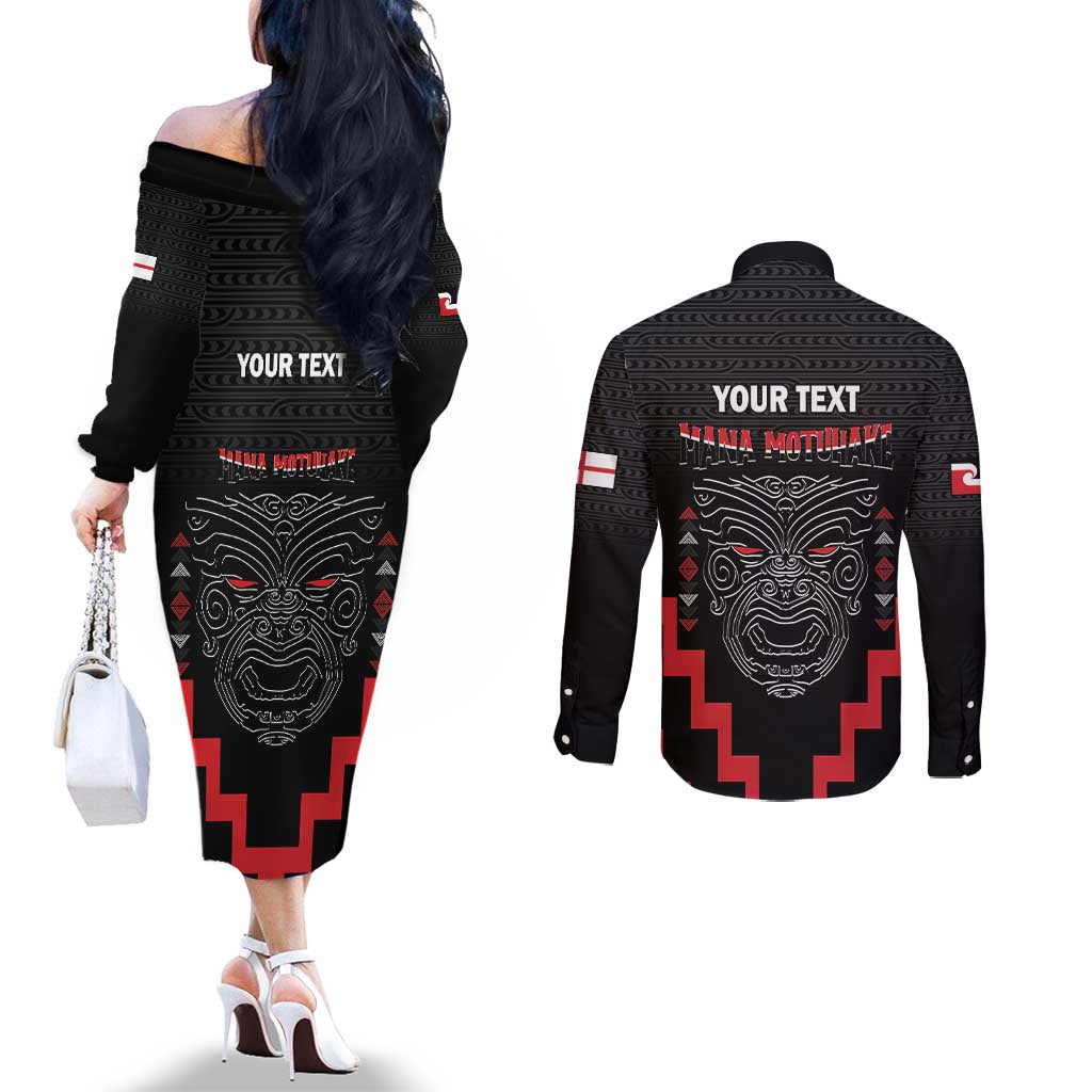 Personalised Toitu Te Tiriti Mana Maori Motuhake Couples Matching Off The Shoulder Long Sleeve Dress and Long Sleeve Button Shirt Aotearoa Haka Face Mix Poutama Art LT14 - Polynesian Pride
