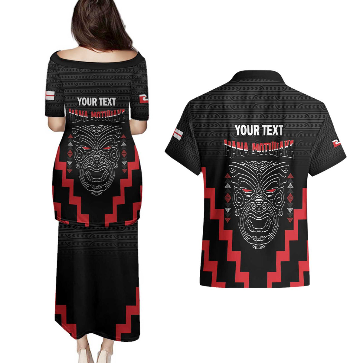 Personalised Toitu Te Tiriti Mana Maori Motuhake Couples Matching Puletasi and Hawaiian Shirt Aotearoa Haka Face Mix Poutama Art LT14 - Polynesian Pride