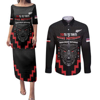 Personalised Toitu Te Tiriti Mana Maori Motuhake Couples Matching Puletasi and Long Sleeve Button Shirt Aotearoa Haka Face Mix Poutama Art LT14 Black - Polynesian Pride